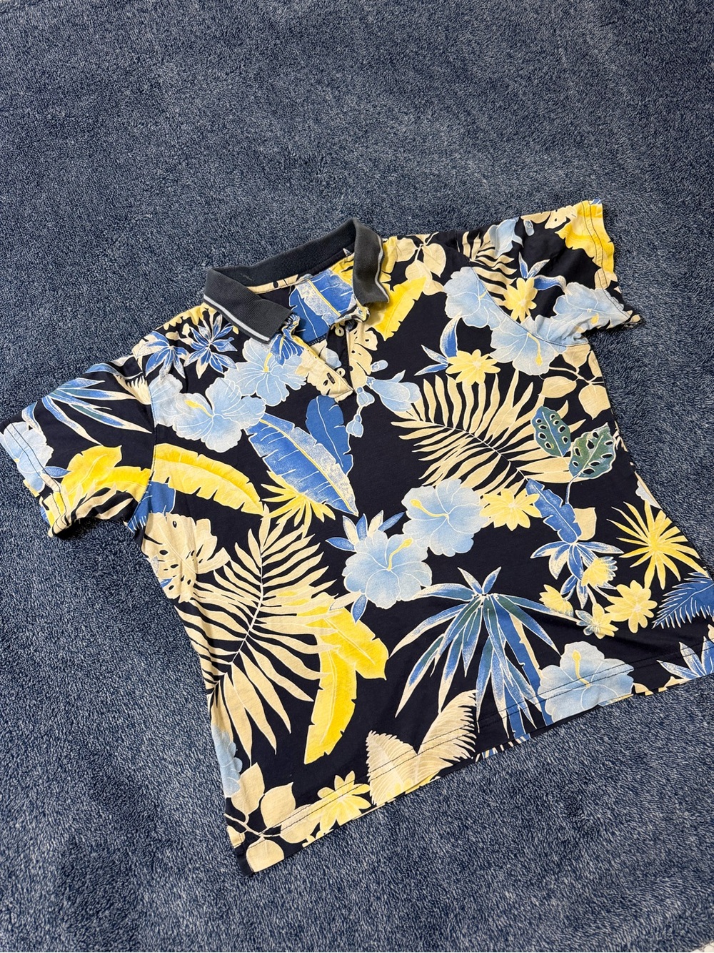 Tropical Floral Polo Shirt in Navy, Yellow & Light Blue